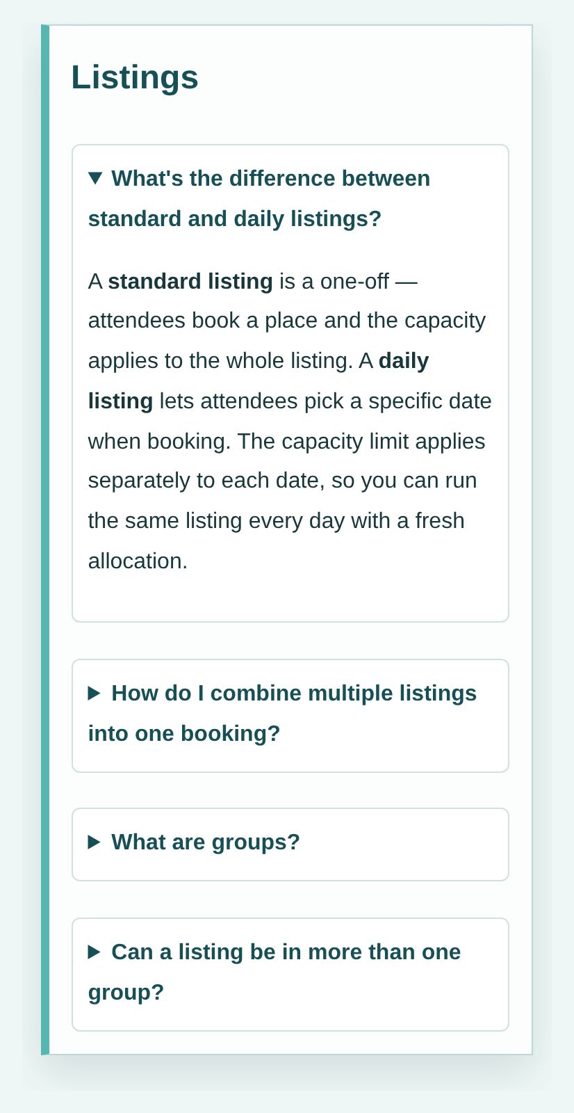 Mobile admin guide with an answer about standard and daily listings expanded