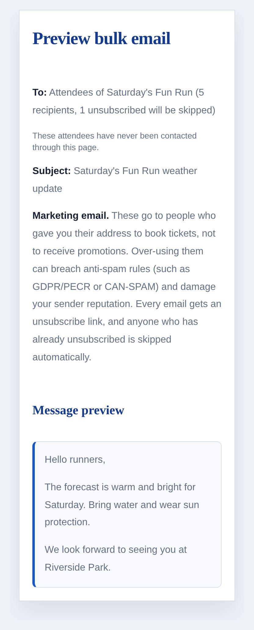 A mobile bulk email preview for Saturday's Fun Run showing the audience, subject, recipient count, and weather update
