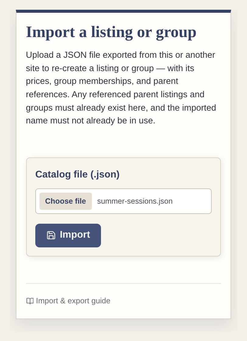 Catalogue import form with the Summer Sessions JSON export selected and ready to import