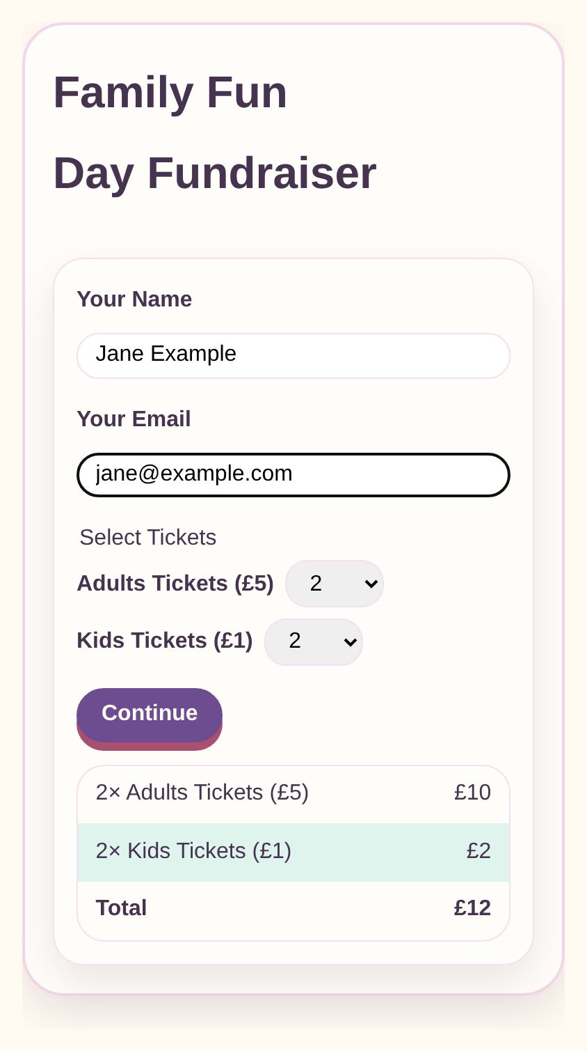 A family fun day checkout with two adult tickets and two kids tickets selected