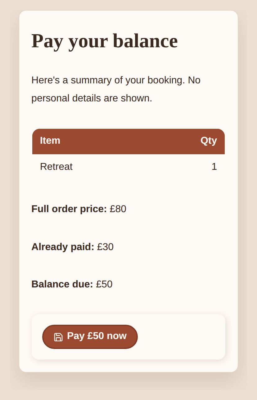 A screenshot of the balance payment page for a Retreat booking, showing an £80 full order price, £30 already paid and a £50 balance due