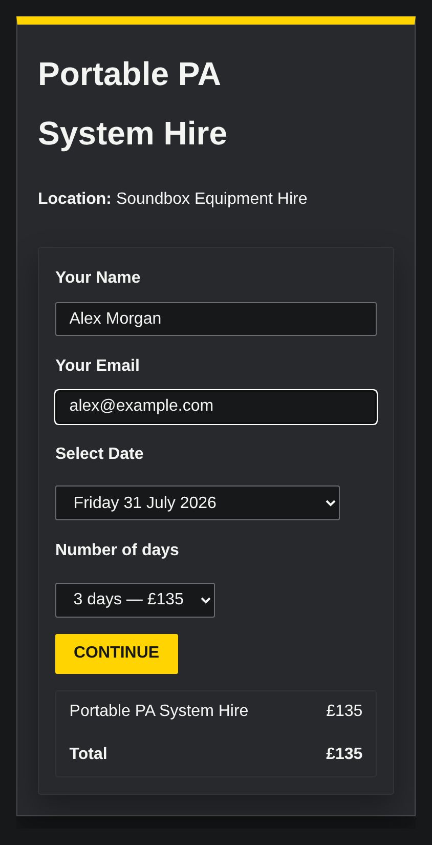 A mobile booking form for a portable PA system with a three-day hire selected