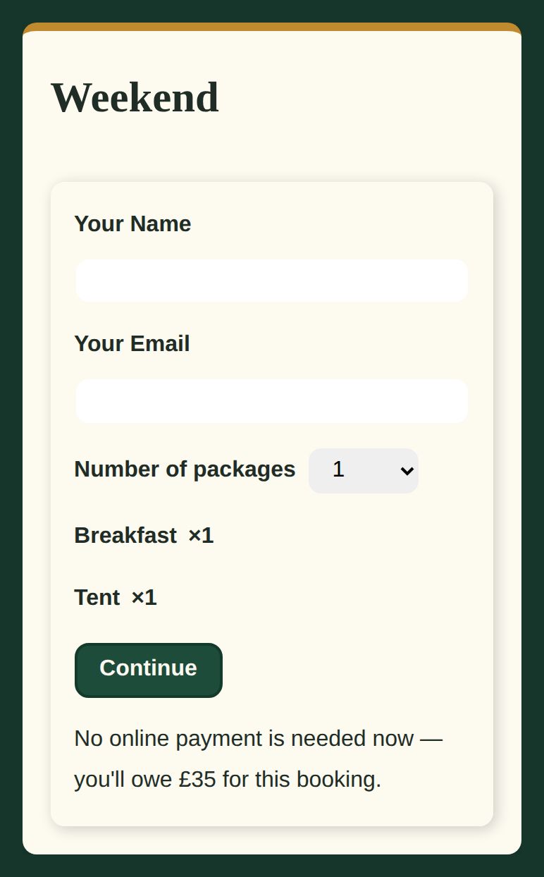 A screenshot of the booking form for the Weekend package, showing a number of packages choice and the Breakfast and Tent included in each one