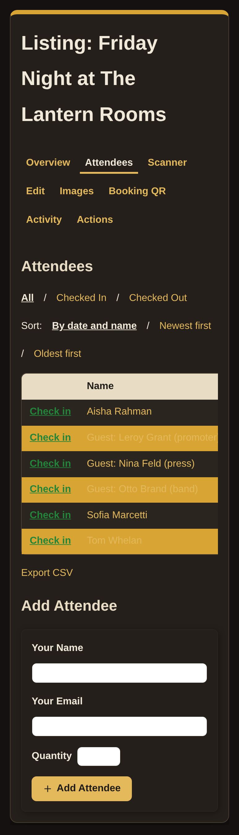 A venue show's attendee list showing advance bookings and three manually added guest-list names