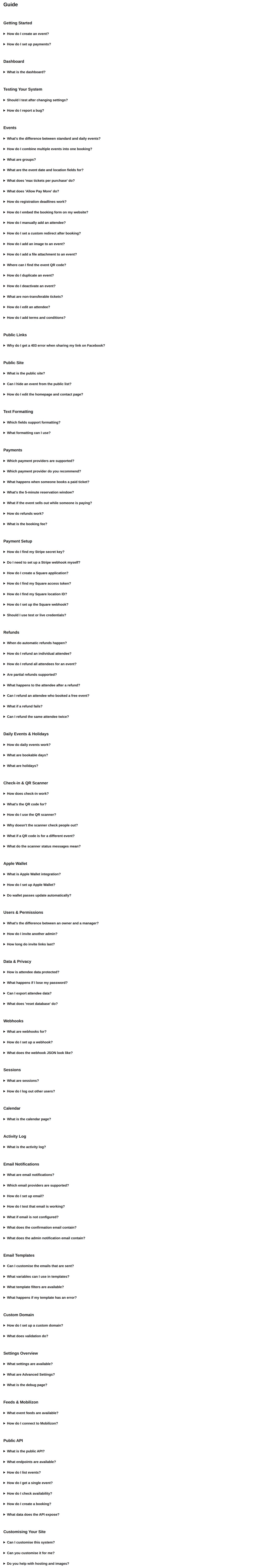 The built-in admin guide with expandable FAQ sections