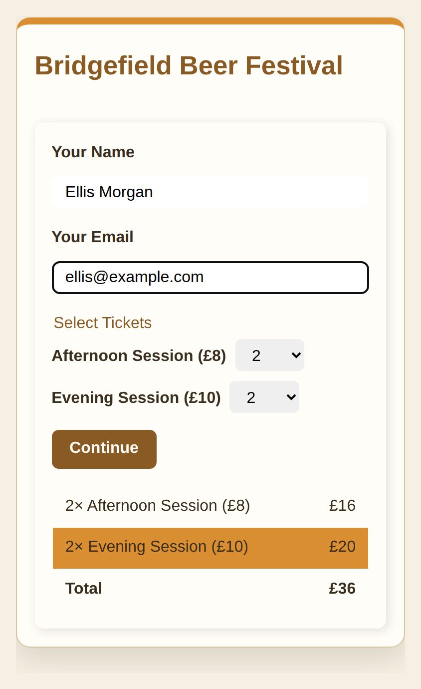 A beer festival checkout with two afternoon and two evening session tickets in one order, showing a £36 running total