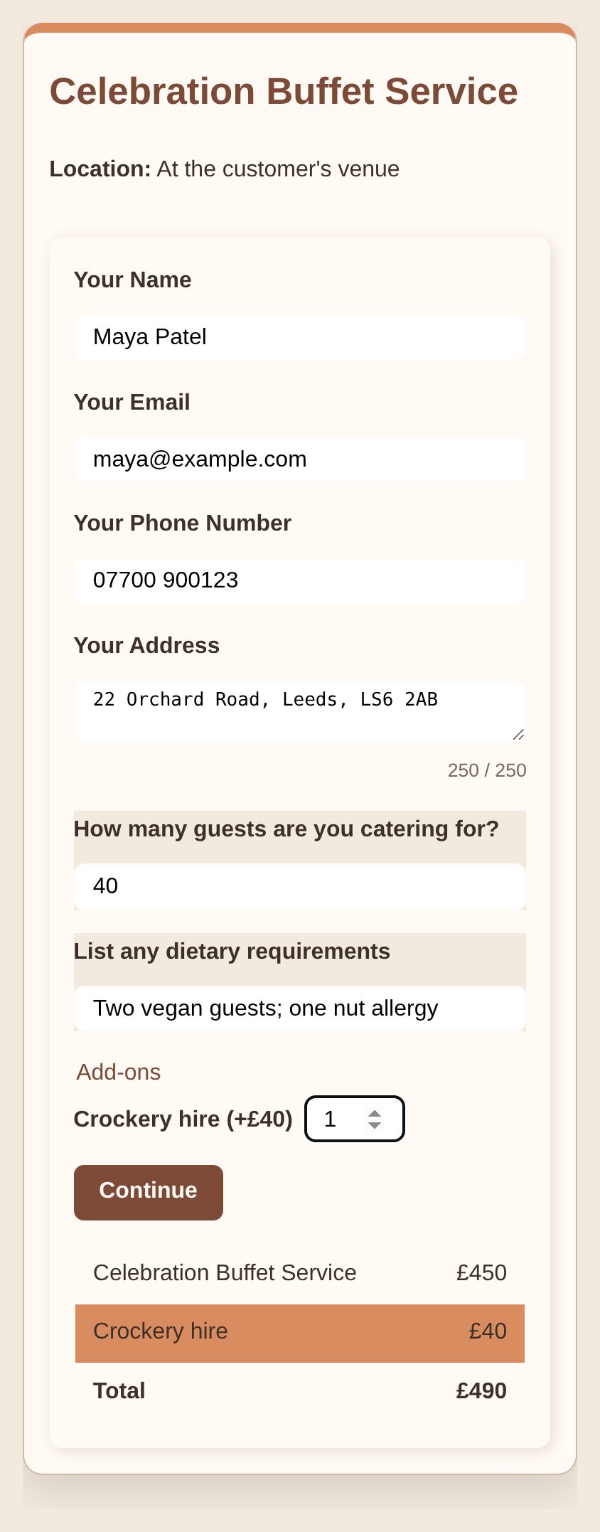 Catering checkout with a buffet service, guest requirements and a paid crockery extra
