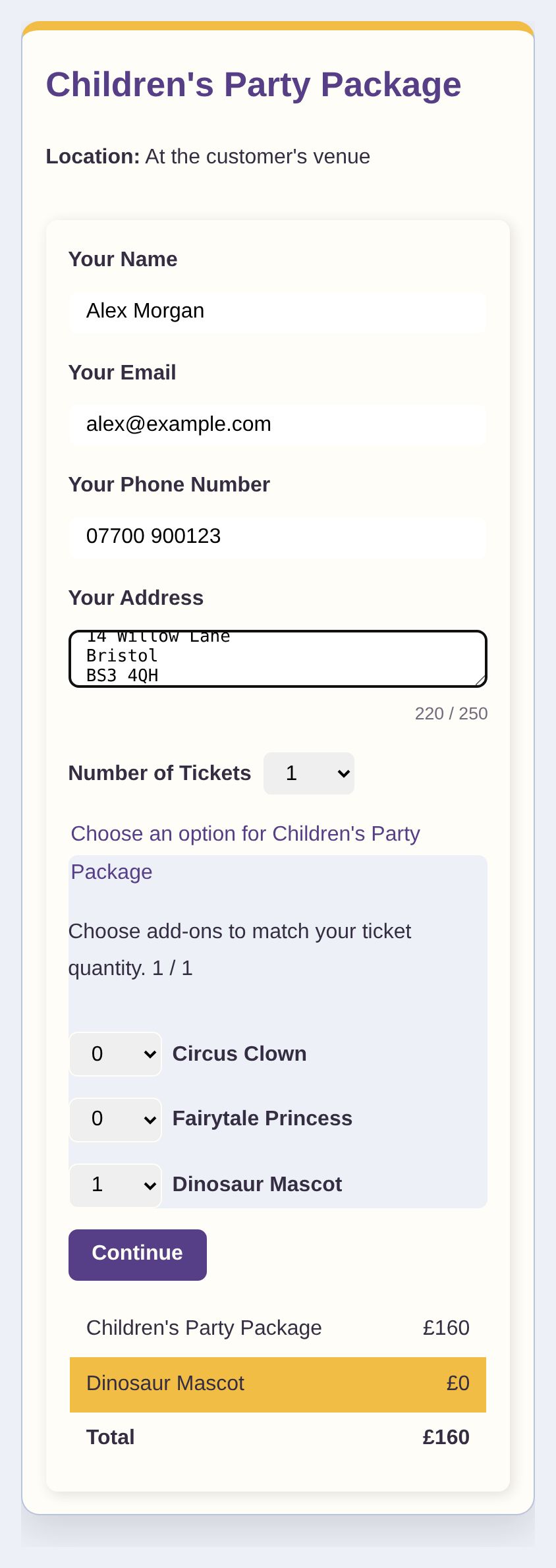Children's party package checkout requiring a choice of clown, princess or dinosaur mascot