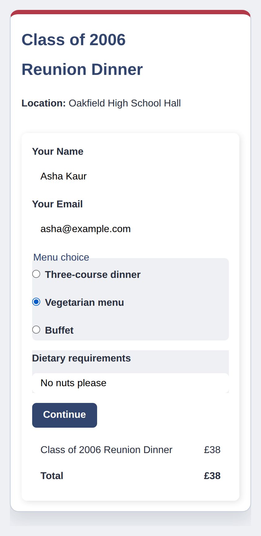 A reunion dinner checkout with a menu choice question, a dietary requirements answer, and a £38 total