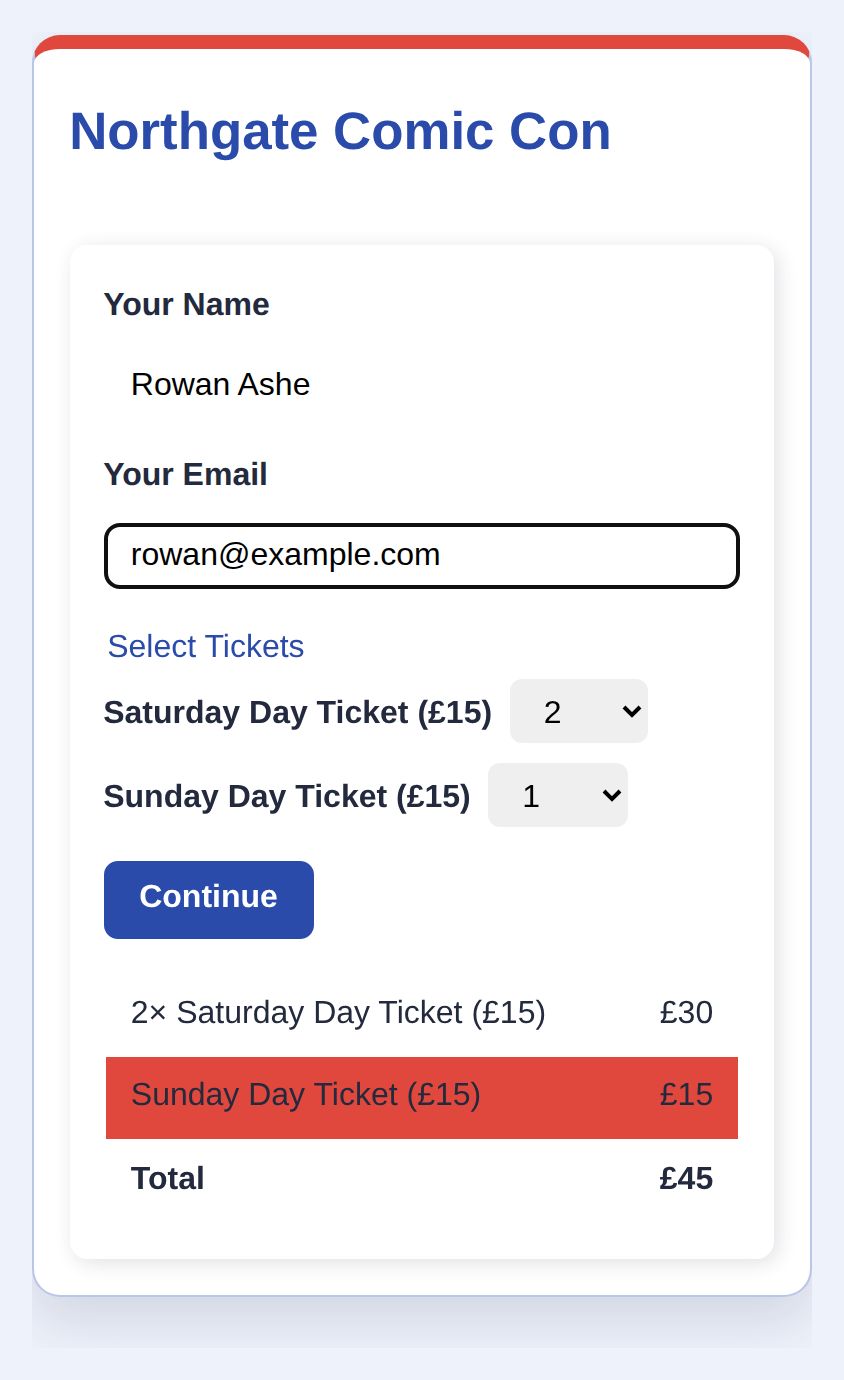 A comic con checkout with two Saturday day tickets and one Sunday day ticket in one order, showing a £45 running total