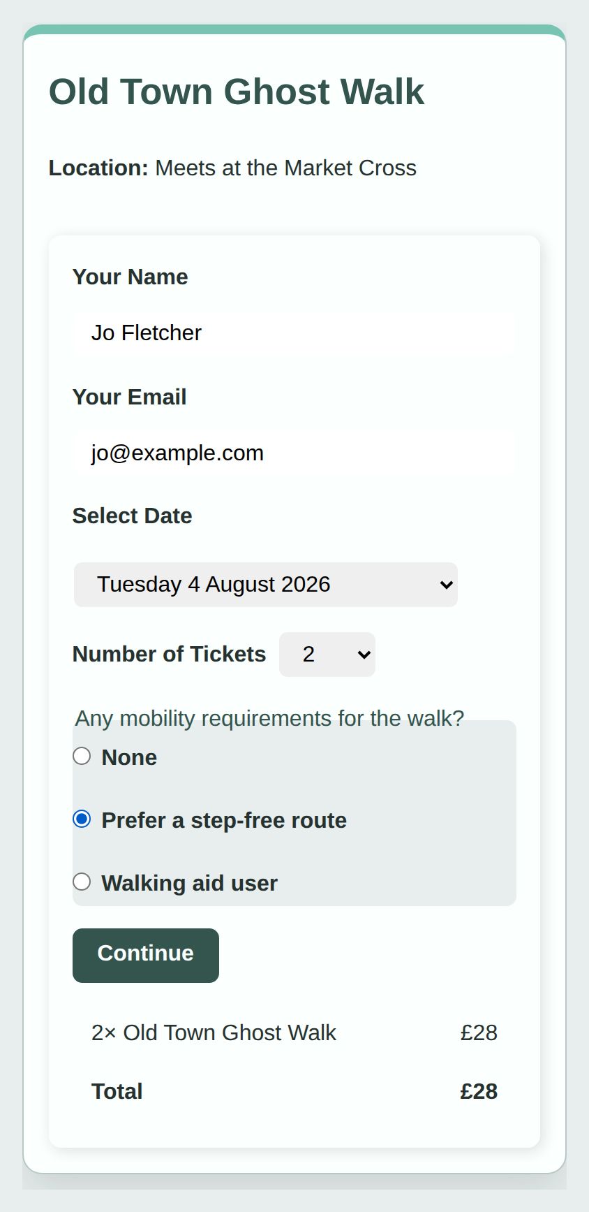A ghost walk booking form with a date selected, two places chosen, a mobility question answered, and a £28 total