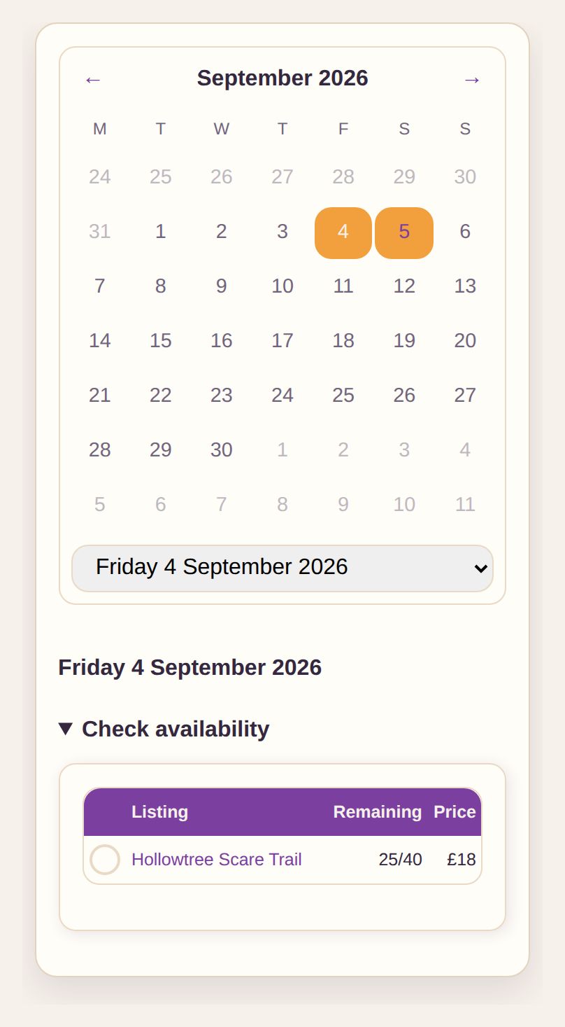 An admin calendar for Hollowtree Scare Trail showing bookings on two nights and 25 of 40 places remaining on a Friday