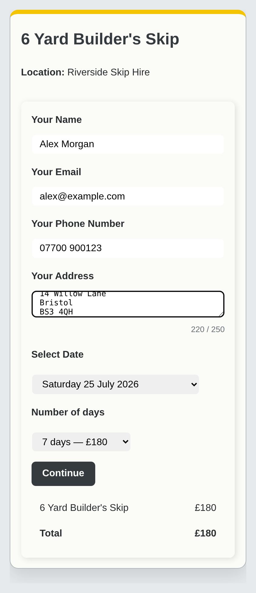 Skip hire checkout with a start date and seven-day or fourteen-day prices