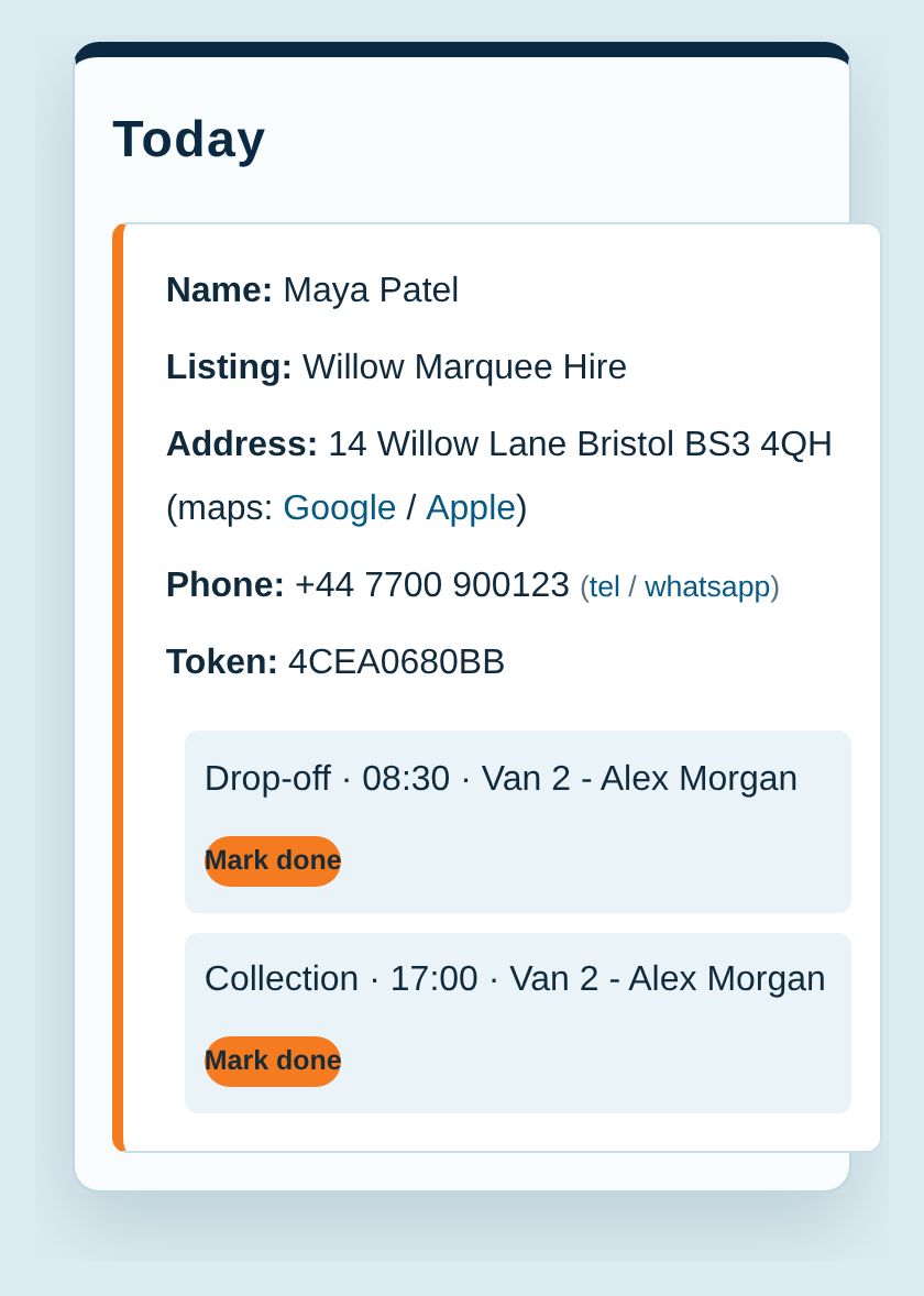 Mobile delivery run sheet showing Maya Patel's marquee drop-off and collection
