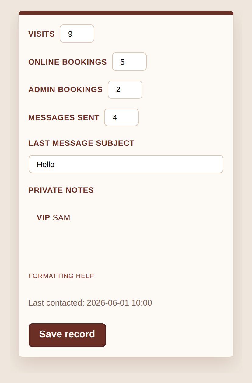 A screenshot of a contact record, showing 9 visits, 5 online bookings, 2 admin bookings, 4 messages sent and a private note reading VIP Sam
