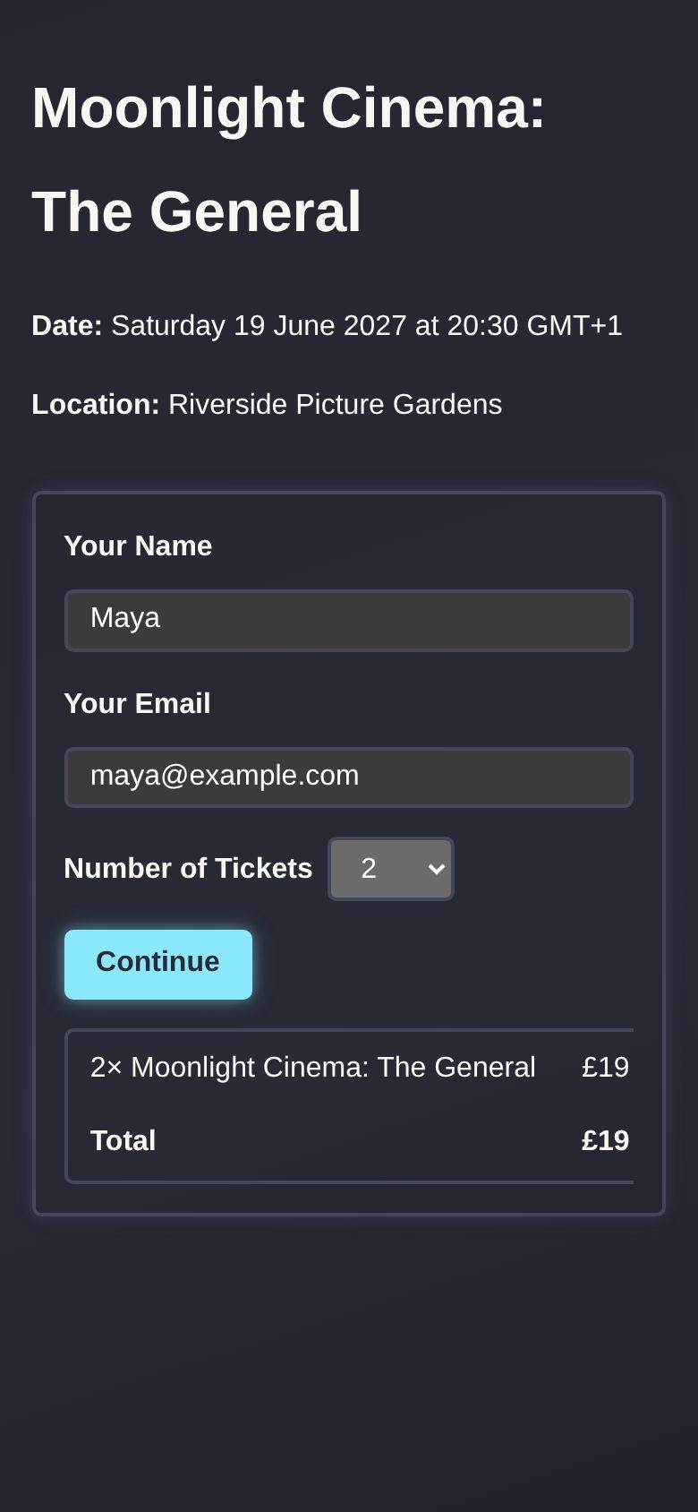 Moonlight Cinema checkout in the built-in dark theme with two tickets for The General and a £19 order total