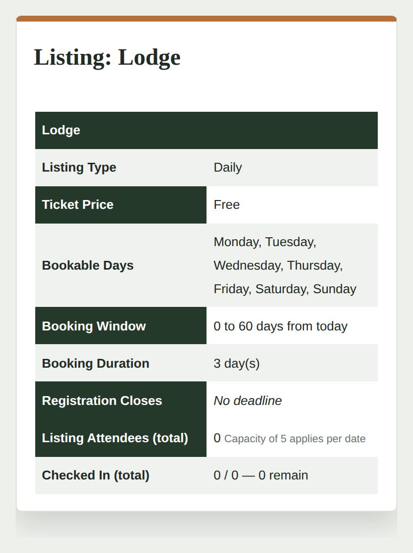 A screenshot of a Lodge listing's page, showing it is booked daily, on any day of the week, with a booking duration of 3 days