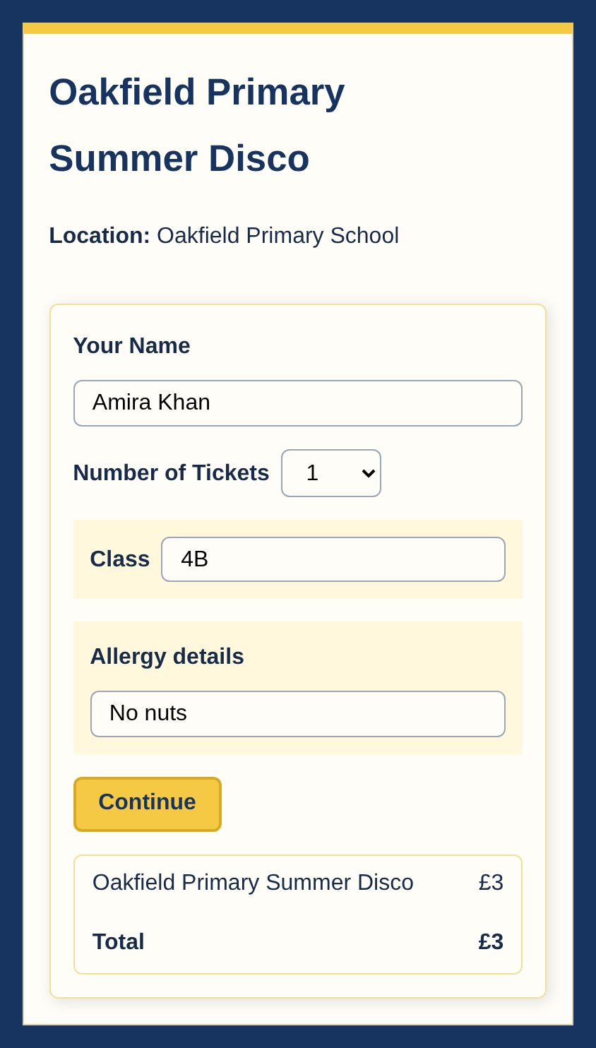 School disco checkout asking for a child's class and allergy information