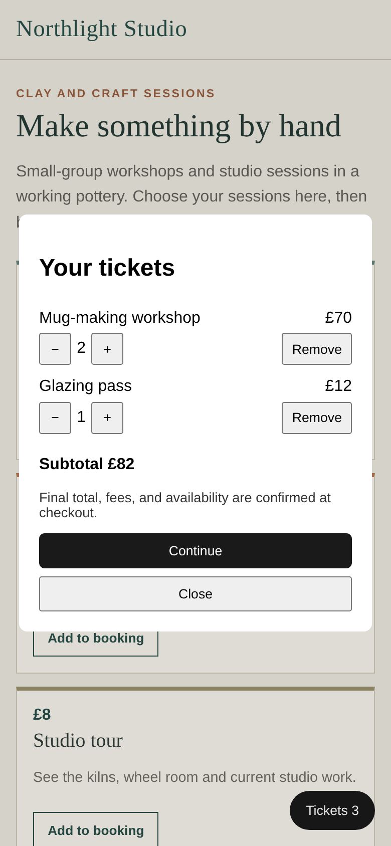 A pottery studio website with the ticket cart open over its workshop cards