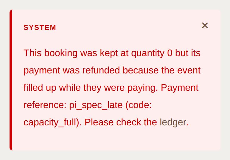 A screenshot of the note the site writes against a booking, saying it was kept at quantity 0 and its payment refunded because the event filled up while they were paying