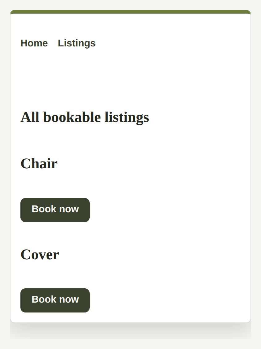 A screenshot of a public list of everything for sale, showing a Chair and a Cover, each with its own Book now link