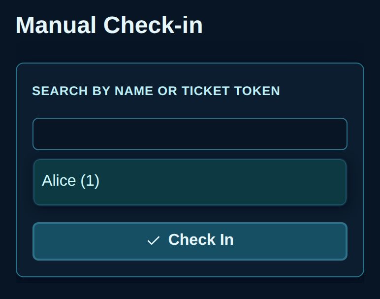 A screenshot of the manual check-in search on a listing's scanner page, showing Alice and her one place ready to check in