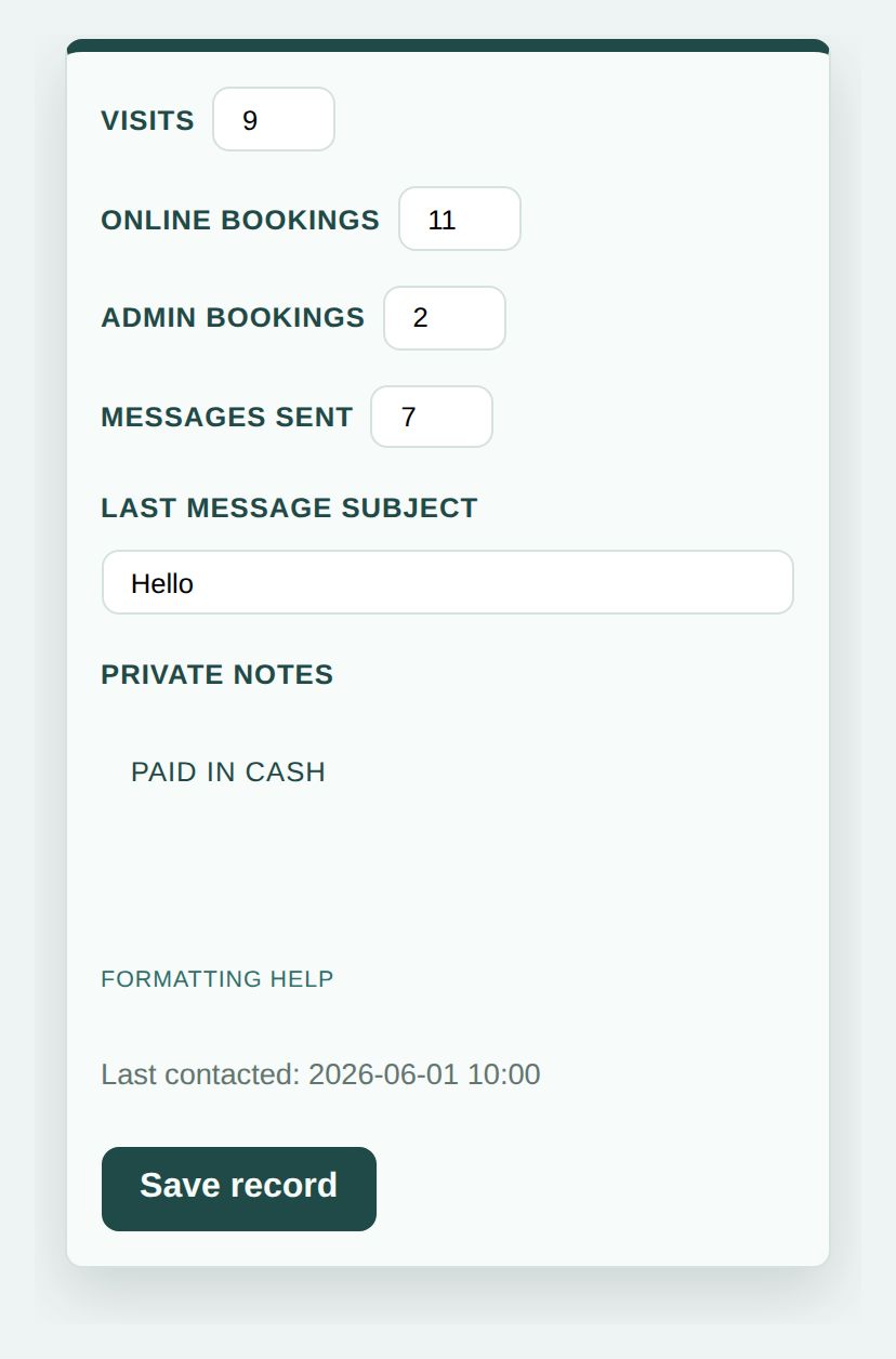 A screenshot of a contact record with the counts corrected to 9 visits, 11 online bookings, 2 admin bookings and 7 messages, and a private note reading Paid in cash