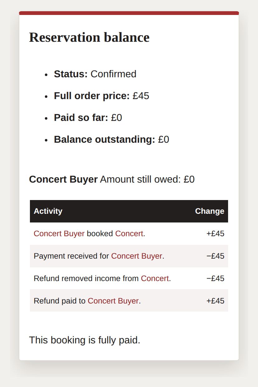 A screenshot of one booking's money after a refund, showing a £45 sale, its payment, the income removed and the £45 handed back