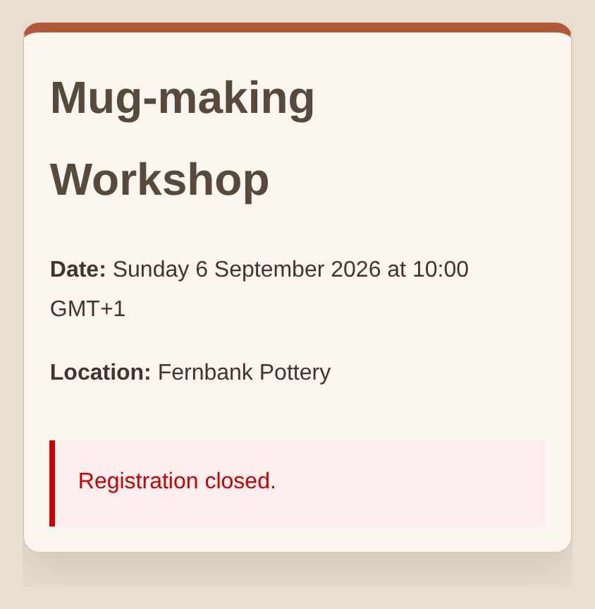 A pottery workshop booking page showing a Registration closed message in place of the booking form