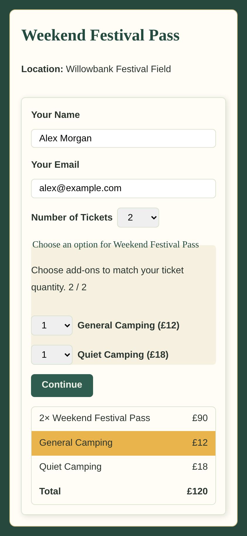 A festival pass checkout with two passes and one place each in general and quiet camping, totalling £120