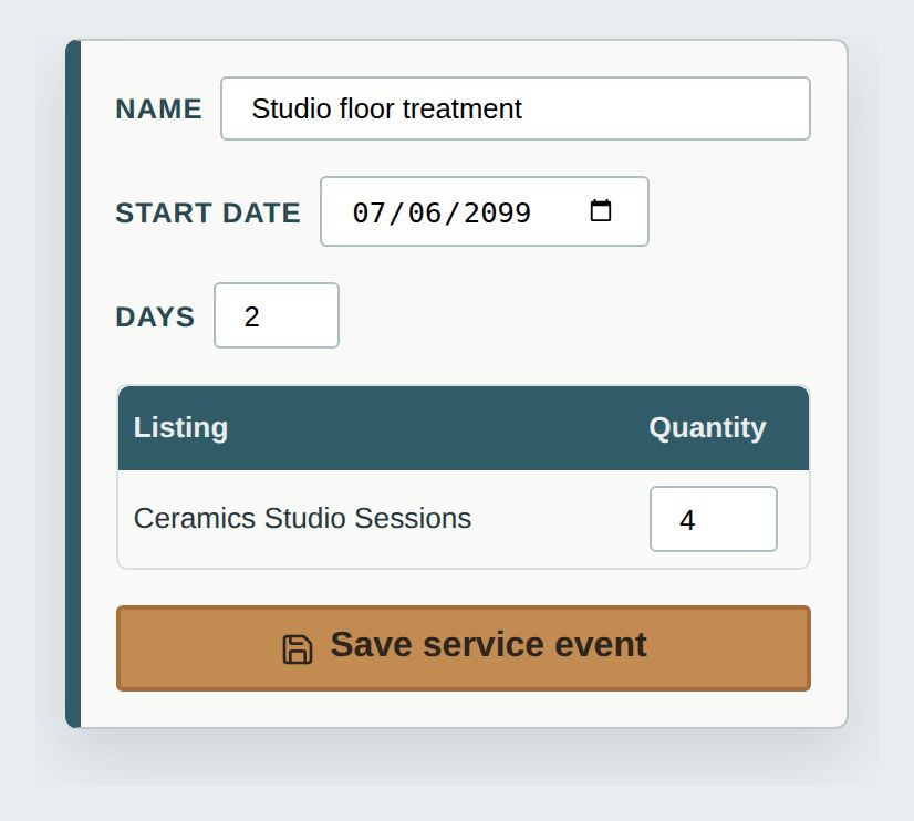 A screenshot of the service event form for a studio floor treatment, showing a two-day hold on four Ceramics Studio Sessions places
