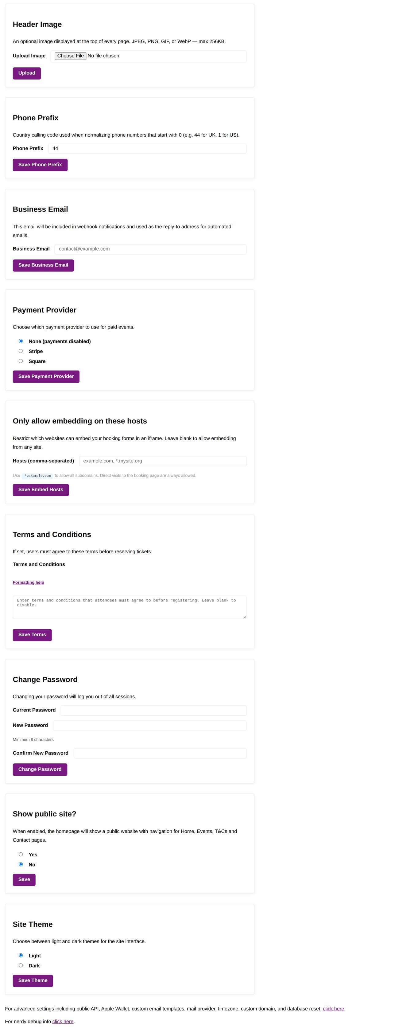 The settings page with options for header image, payment provider, themes, and more