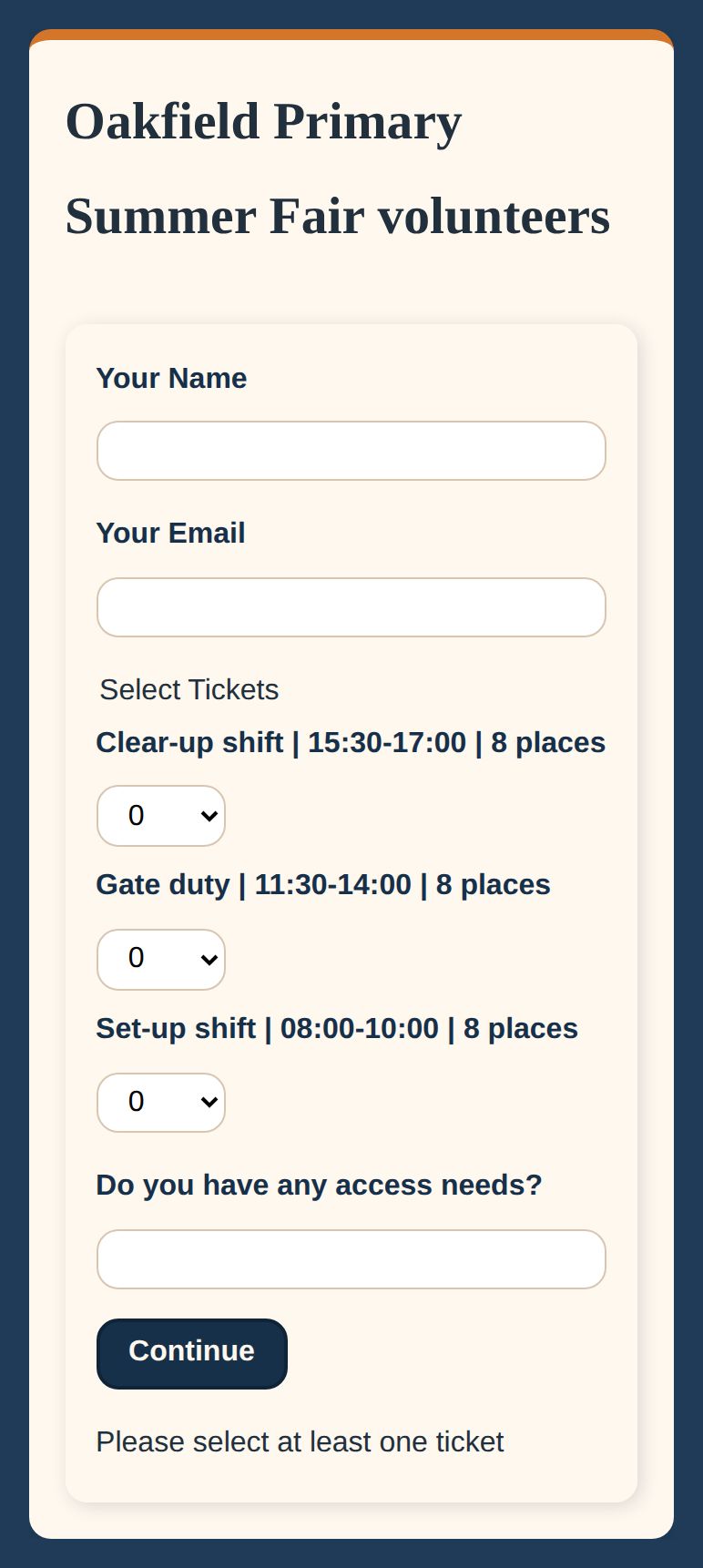 A screenshot of the volunteer sign-up form for the Oakfield Primary Summer Fair, showing set-up, gate and clear-up shifts with eight places each and an access needs question