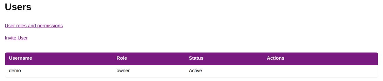 The users management page showing team members and their roles