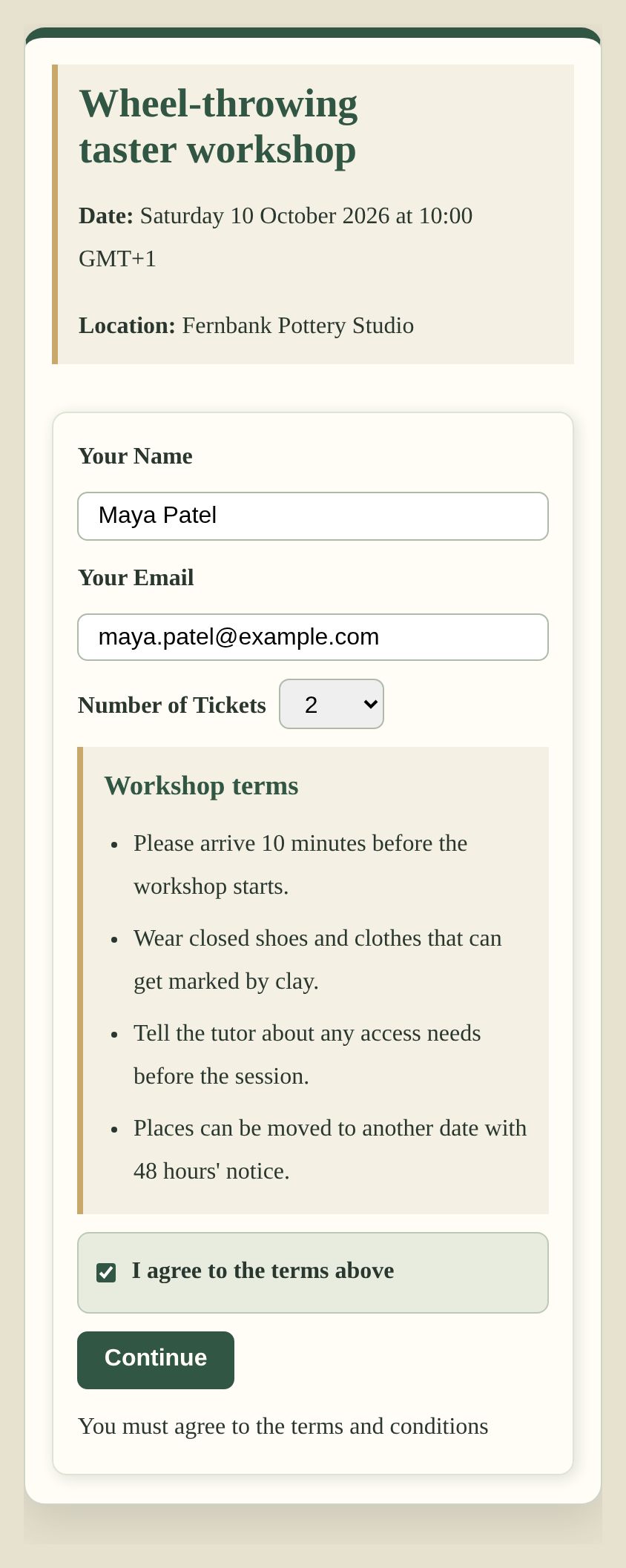 Wheel-throwing taster workshop checkout filled for Maya Patel with two places and the workshop terms agreement selected